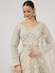 Cream Net Mirror Work Lehenga with Intricate Embroidery