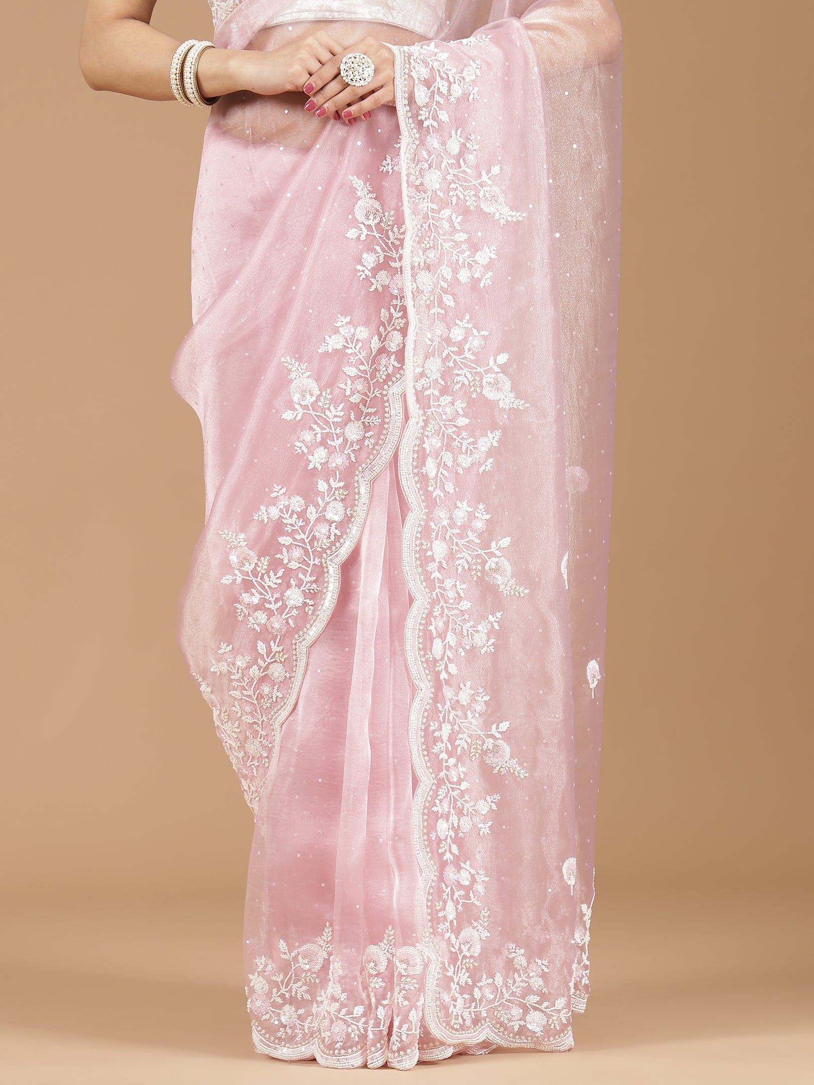 Elegant Blush Pink Embroidered Net Saree with Contrast Blouse