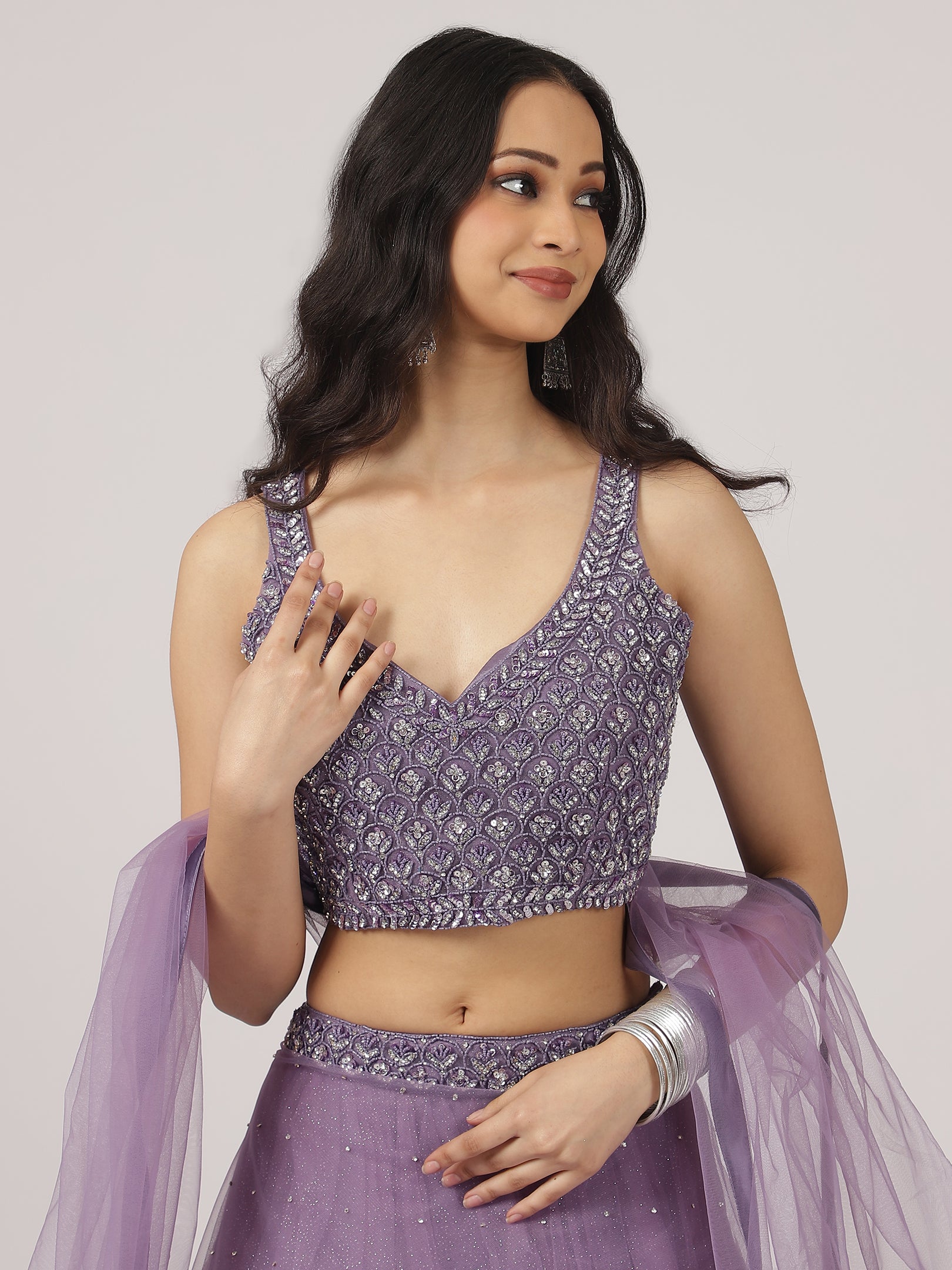 Lavender Net Lehenga with Intricate Sequin & Embroidery Work