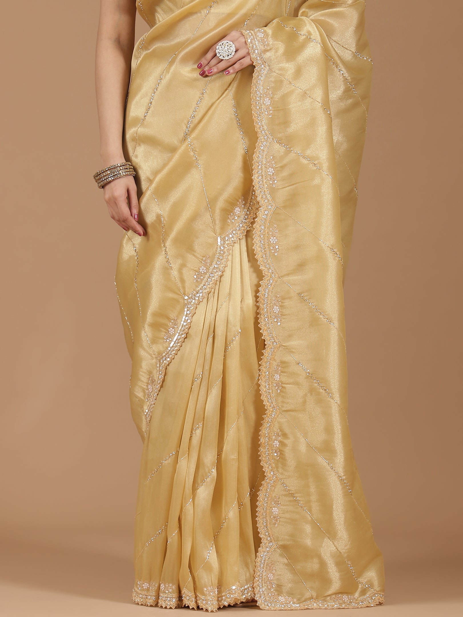 Luxe Golden Satin Silk Saree with Exquisite Embellishments