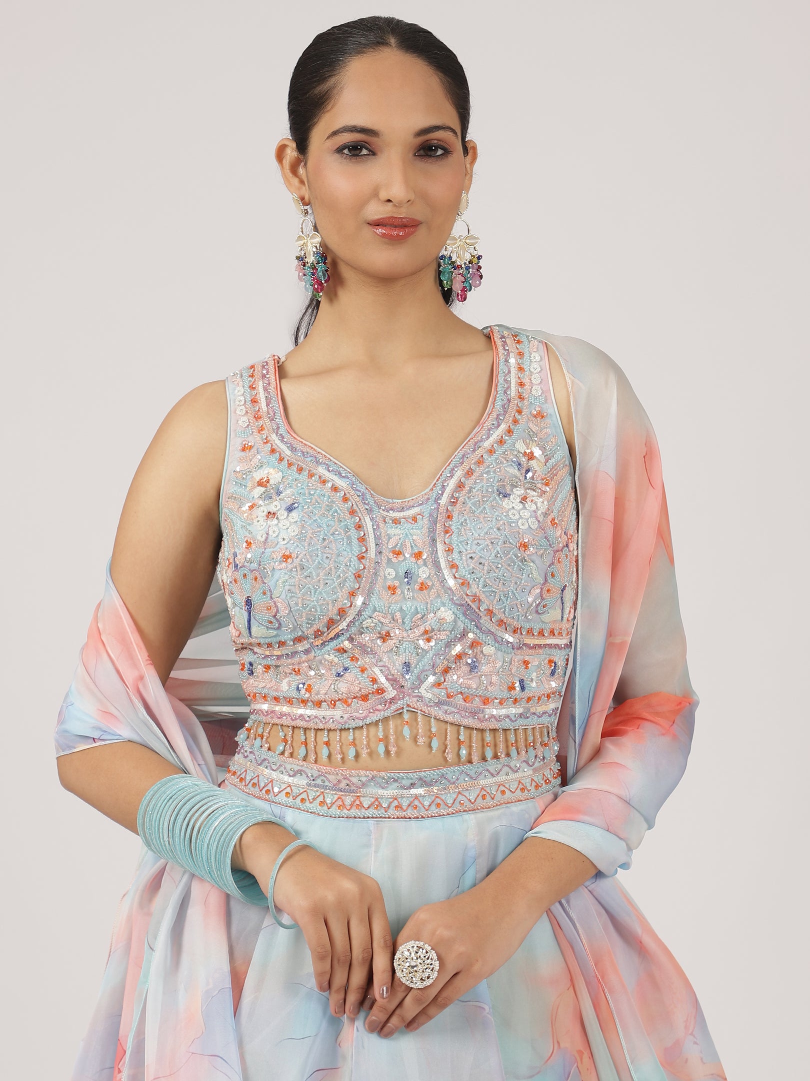 Pastel Blue & Peach Watercolor Organza Lehenga with Embroidered Blouse