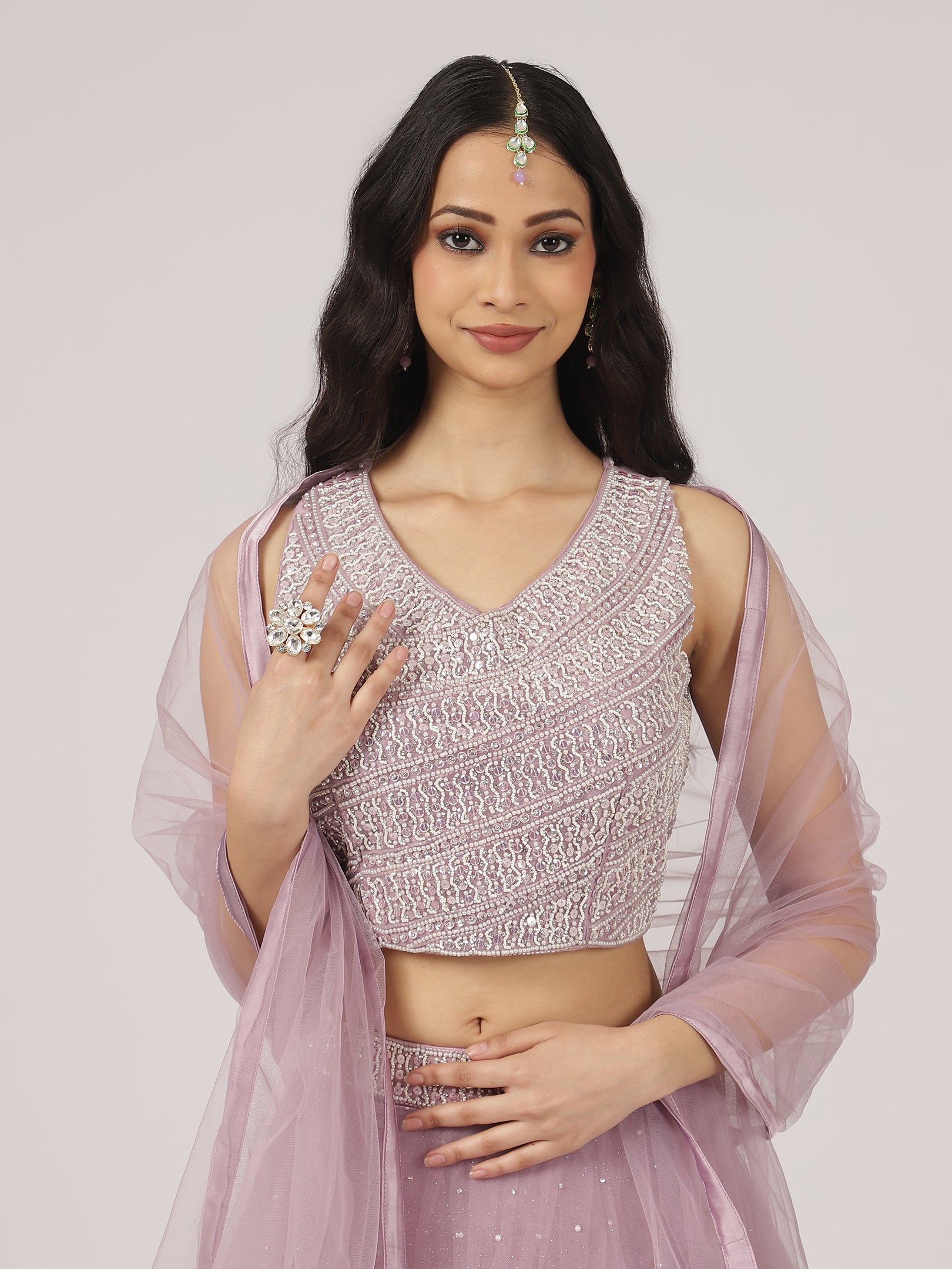 Lilac Net Lehenga with Sequin Embroidery & Designer Blouse