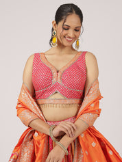 Pink & Orange Bandhani Lehenga Set with Embroidered Blouse & Dupatta