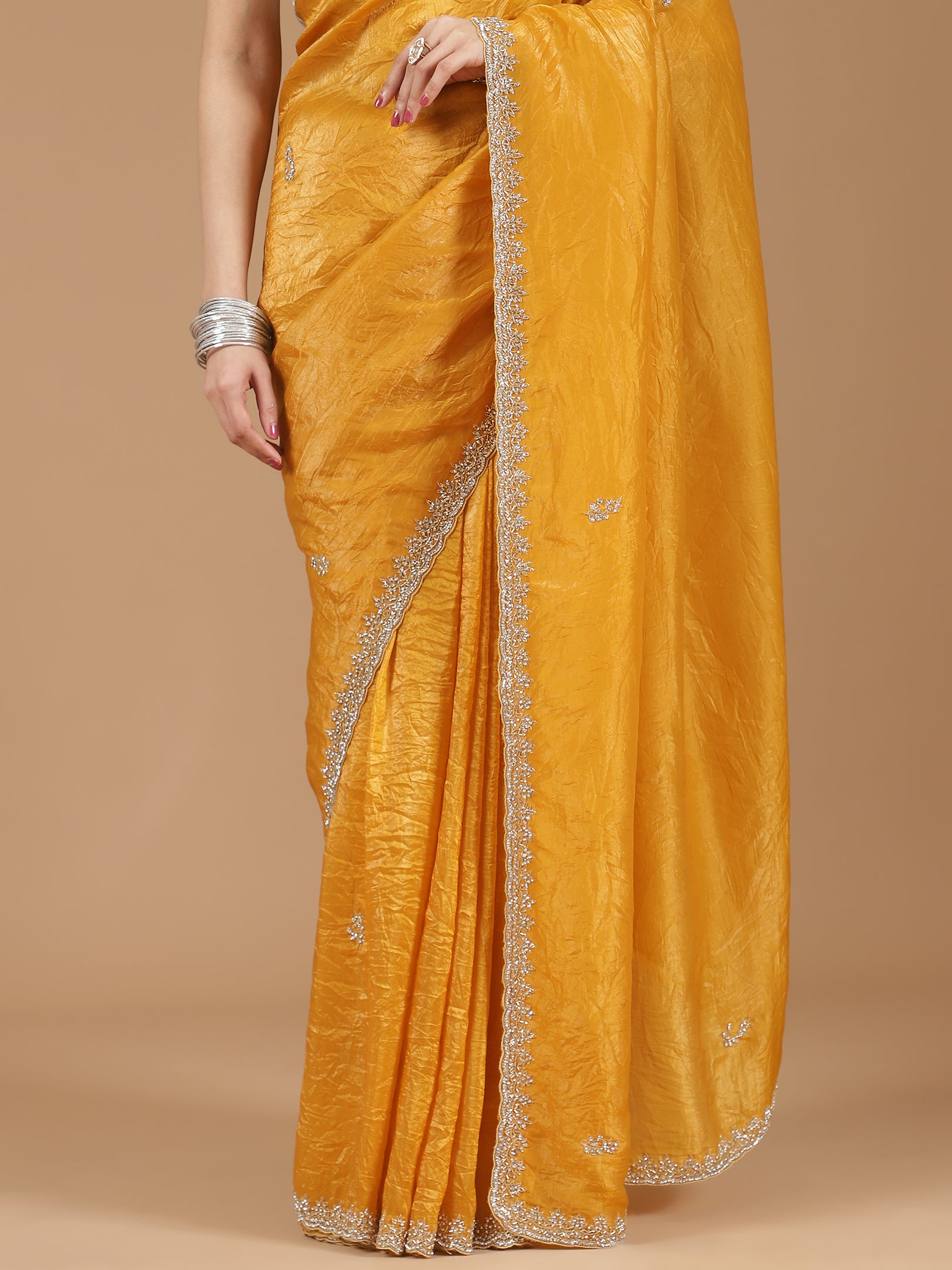 Crushed Silk Saree with Embroidered Border