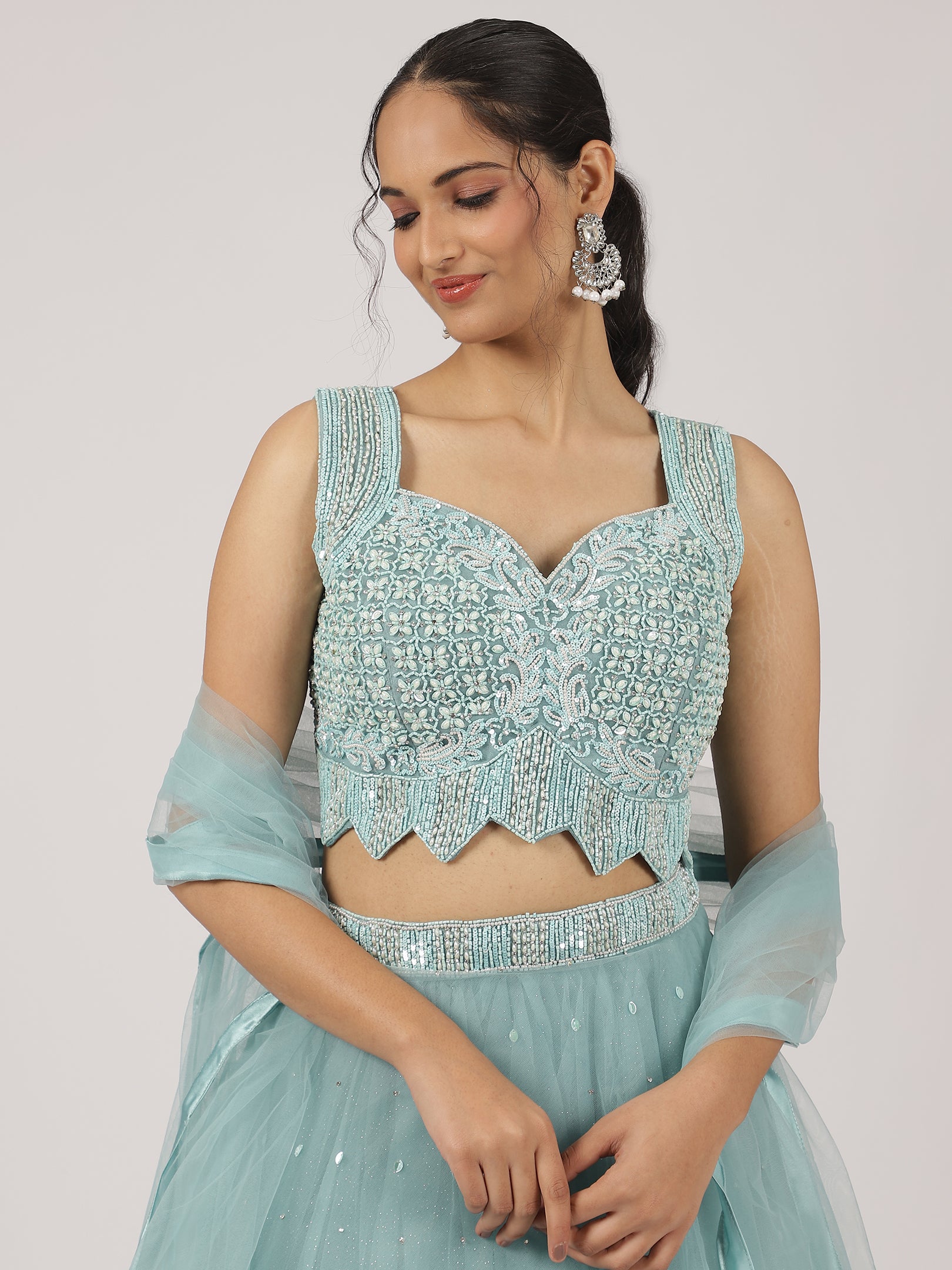 Aqua Blue Net Lehenga with Sequin Embroidery & Designer Blouse