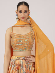 Bloom Orange Floral Print Lehenga with Embroidered Blouse & Dupatta