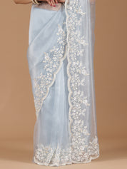 Serene Sky Blue Embroidered Net Saree with Contrasting Blouse