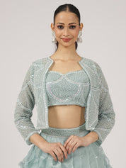 Sea Blue Organza Ruffled Lehenga with Pearl Work Blouse & Overcoat