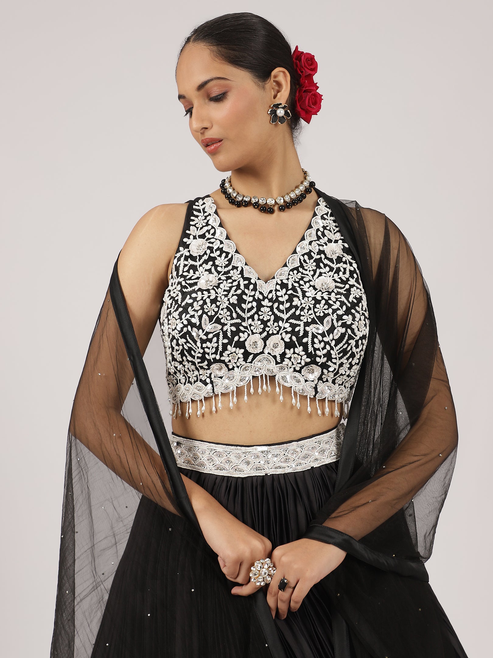 Black & White Satin Pleated Lehenga with Beaded Embroidered Blouse & Netted Dupatta