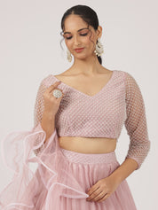 Pastel Pink Organza Pleated Lehenga with Pearl Work Blouse & Ruffled Dupatta