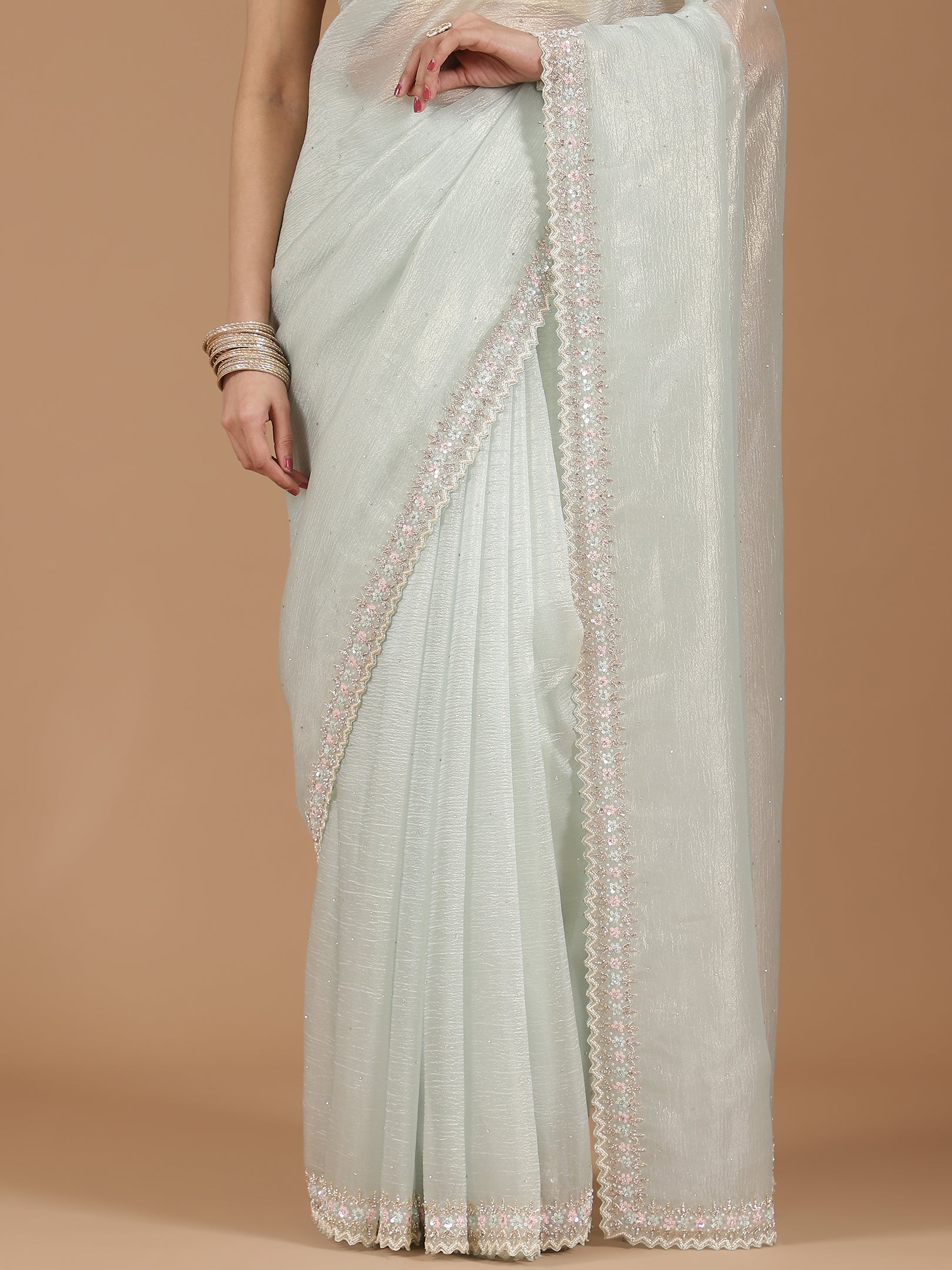 Net Saree with Delicate Floral Embroidery & Scalloped Border