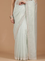 Net Saree with Delicate Floral Embroidery & Scalloped Border