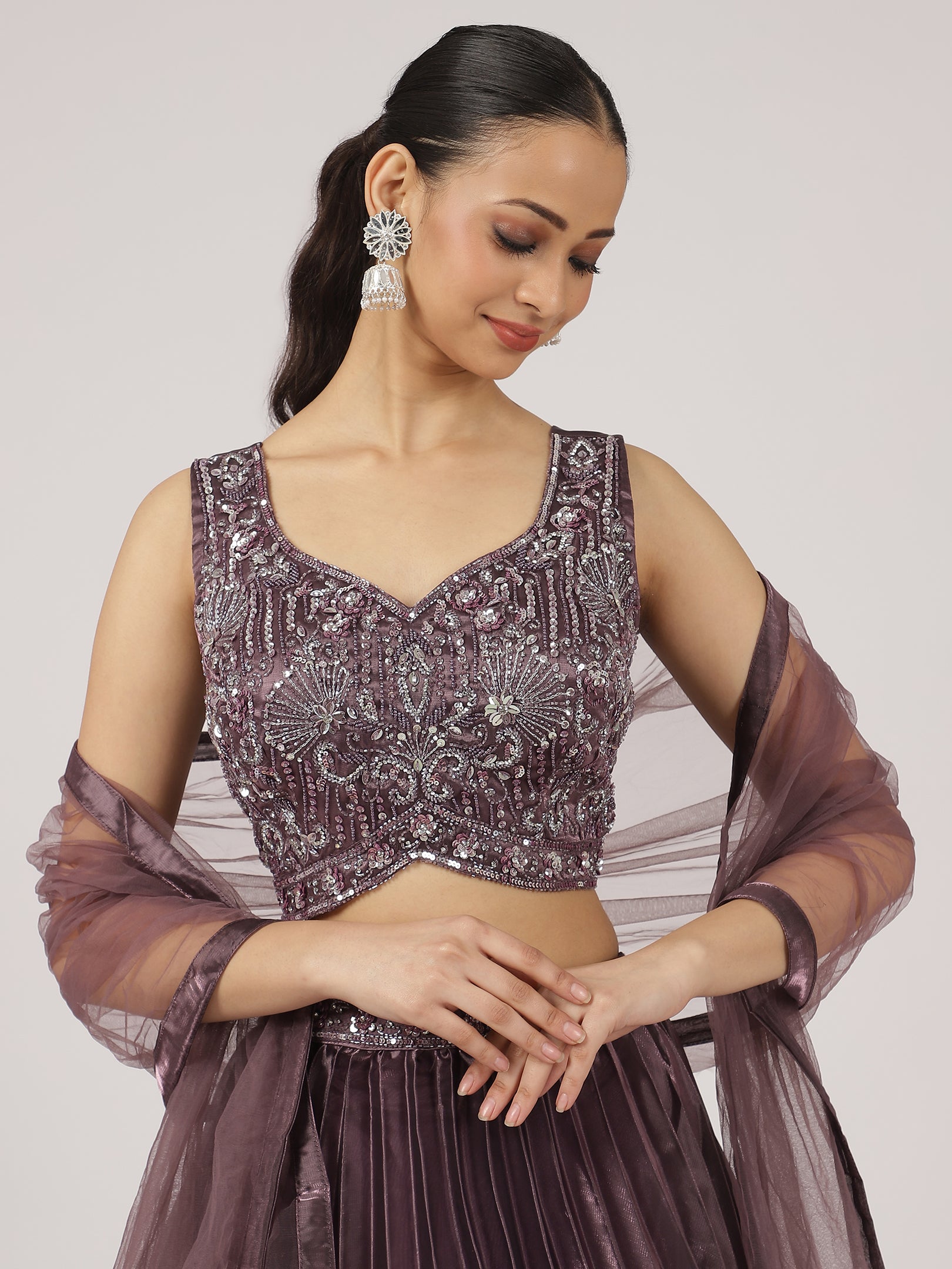 Plum Purple Organza Pleated Lehenga with Hand Embroidered Blouse