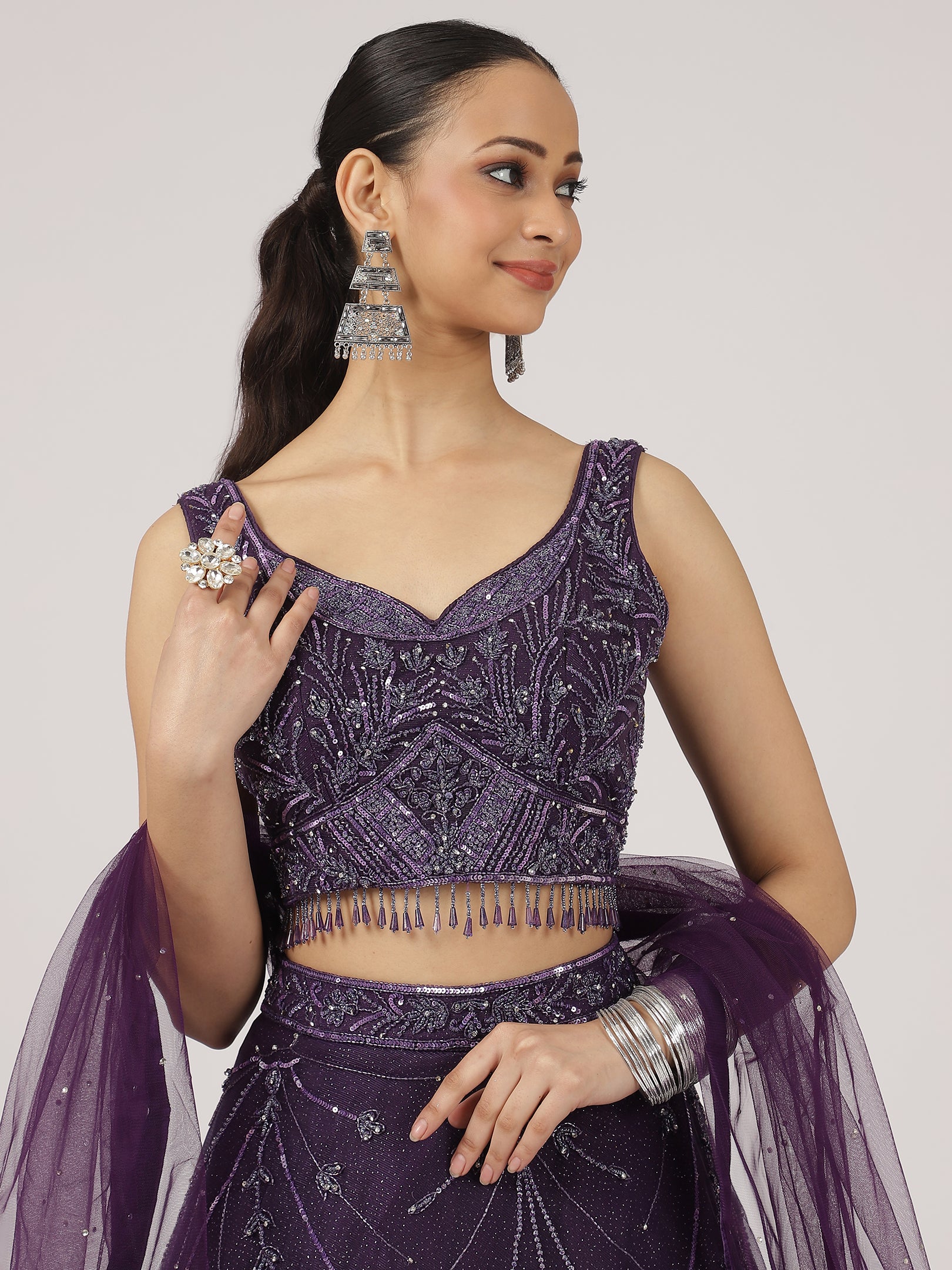 Regal Purple Embroidered Net Lehenga with Sequin Detailing