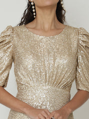 Stunning Gold Gown with Intricate Knitted Sequin Work