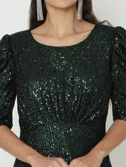 Chic Olive Green Gowns  with Knitted Sequin Work