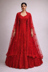 Imperial Red Hand-Embroidered Net Lehenga Gown with Statement Dupatta