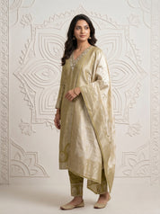 Olive Gold Brocade Silk Straight Cut Salwar Suit with Dupatta