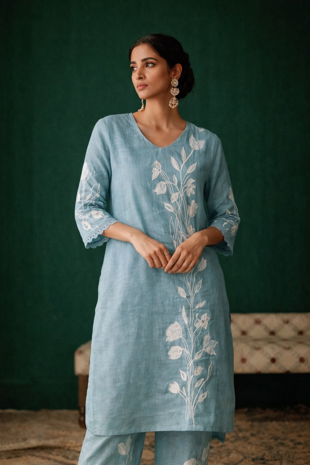 Powder Blue Linen Salwar Set for Women | Floral Embroidered Elegant Ethnic Wear