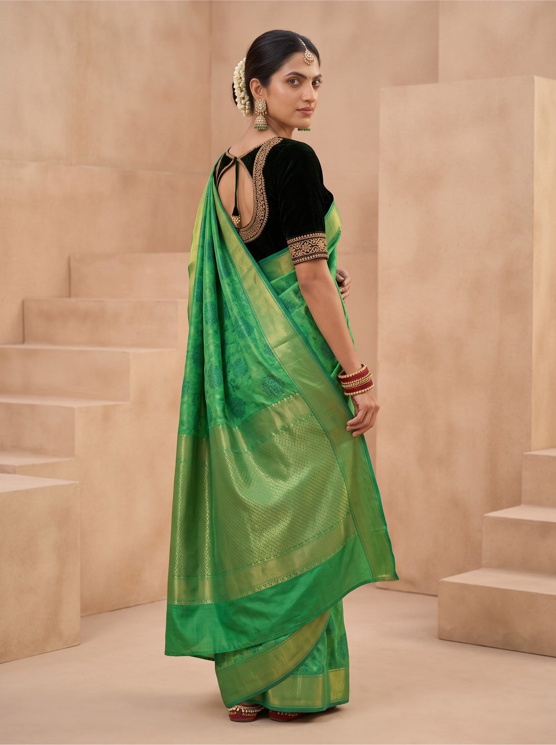 Kanchipuram Silk Saree in Emerald Green with Zari Woven Border