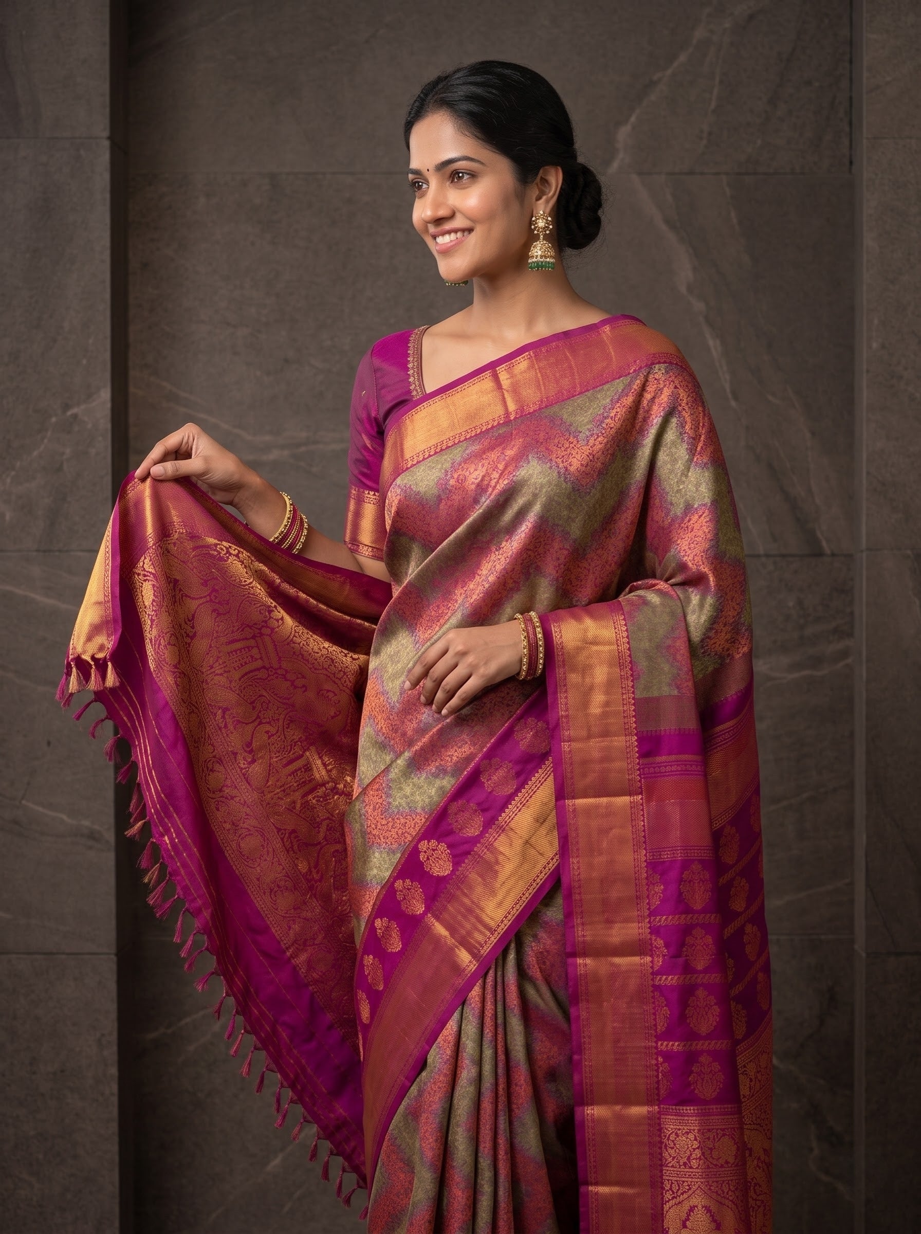 Kanchipuram Silk Saree – Magenta Pallu with Peacock Zari Border