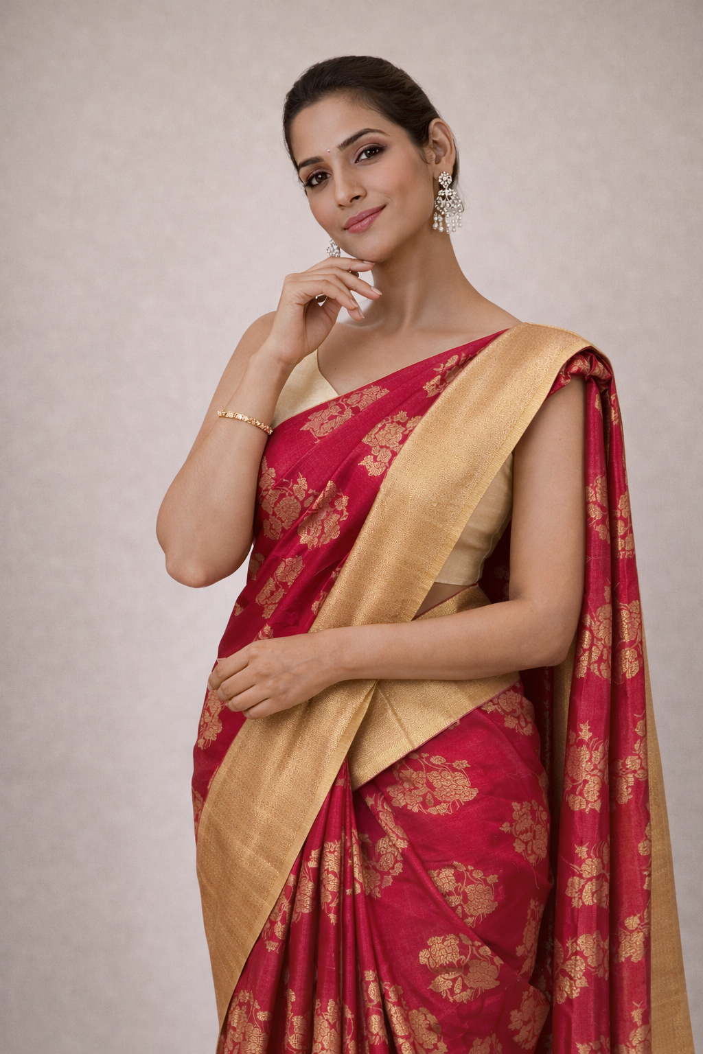 Pure Tussar Silk Saree with Antique Gold Zari Border – Crimson Red & Deep Maroon