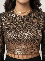 Black & Gold Sequin Embroidered Georgette Crop Top Palazzo Set