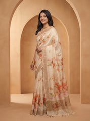 Tussar Silk Saree – Ivory Floral Print for Festive Wear