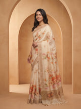 Tussar Silk Saree – Ivory Floral Print for Festive Wear