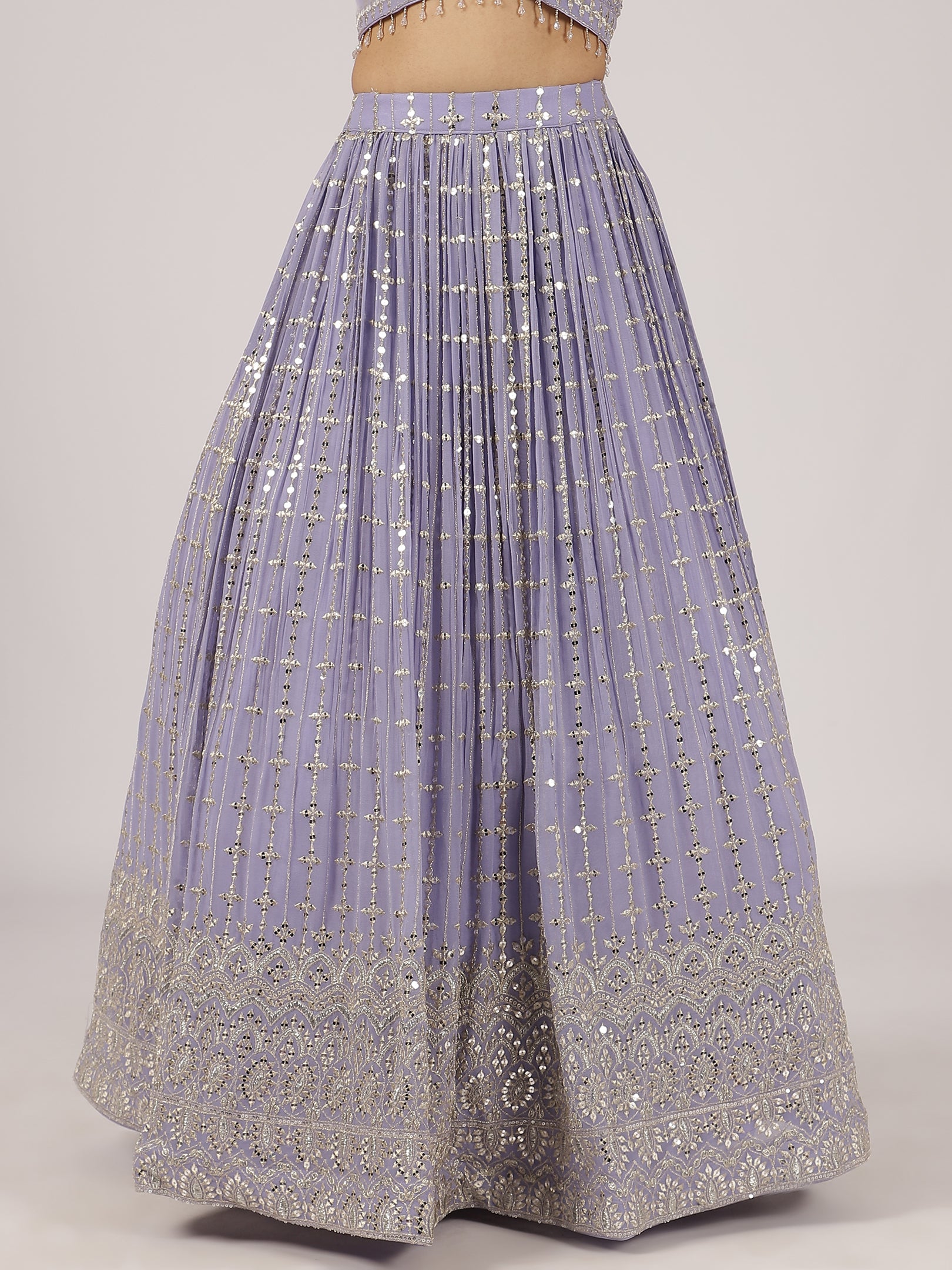 Lavender Mirror Work Lehenga with Embroidered Blouse & Sheer Dupatta