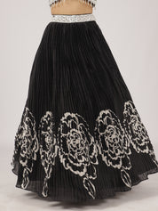 Black & White Satin Pleated Lehenga with Beaded Embroidered Blouse & Netted Dupatta