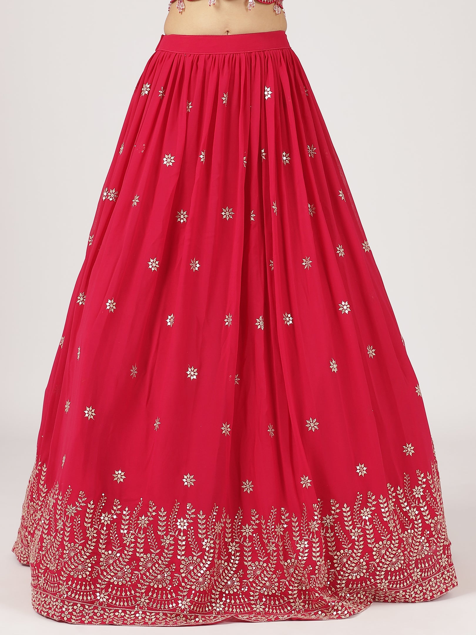 Radiant Red Embroidered Lehenga Set with Mirror Work Blouse & Sheer Dupatta