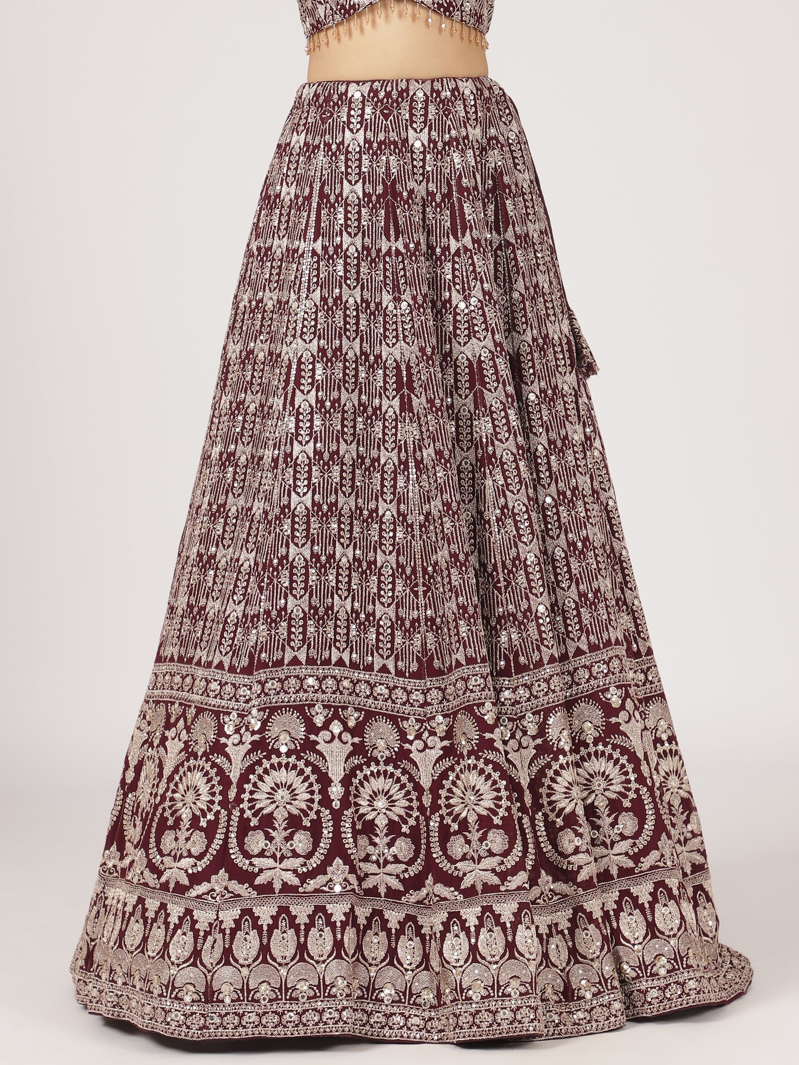 Maroon & Ivory Threadwork Lehenga Set with Embellished Blouse & Net Dupatta