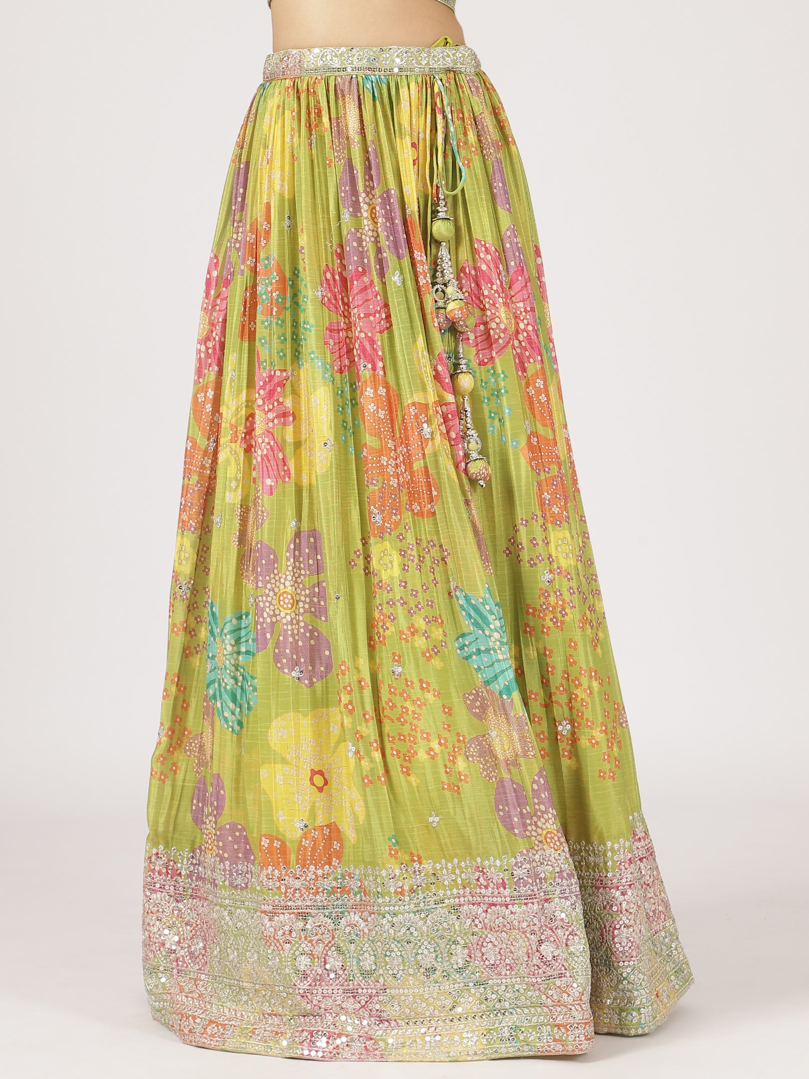 Lime Green Printed Organza Lehenga with Sequin & Mirror Work Blouse