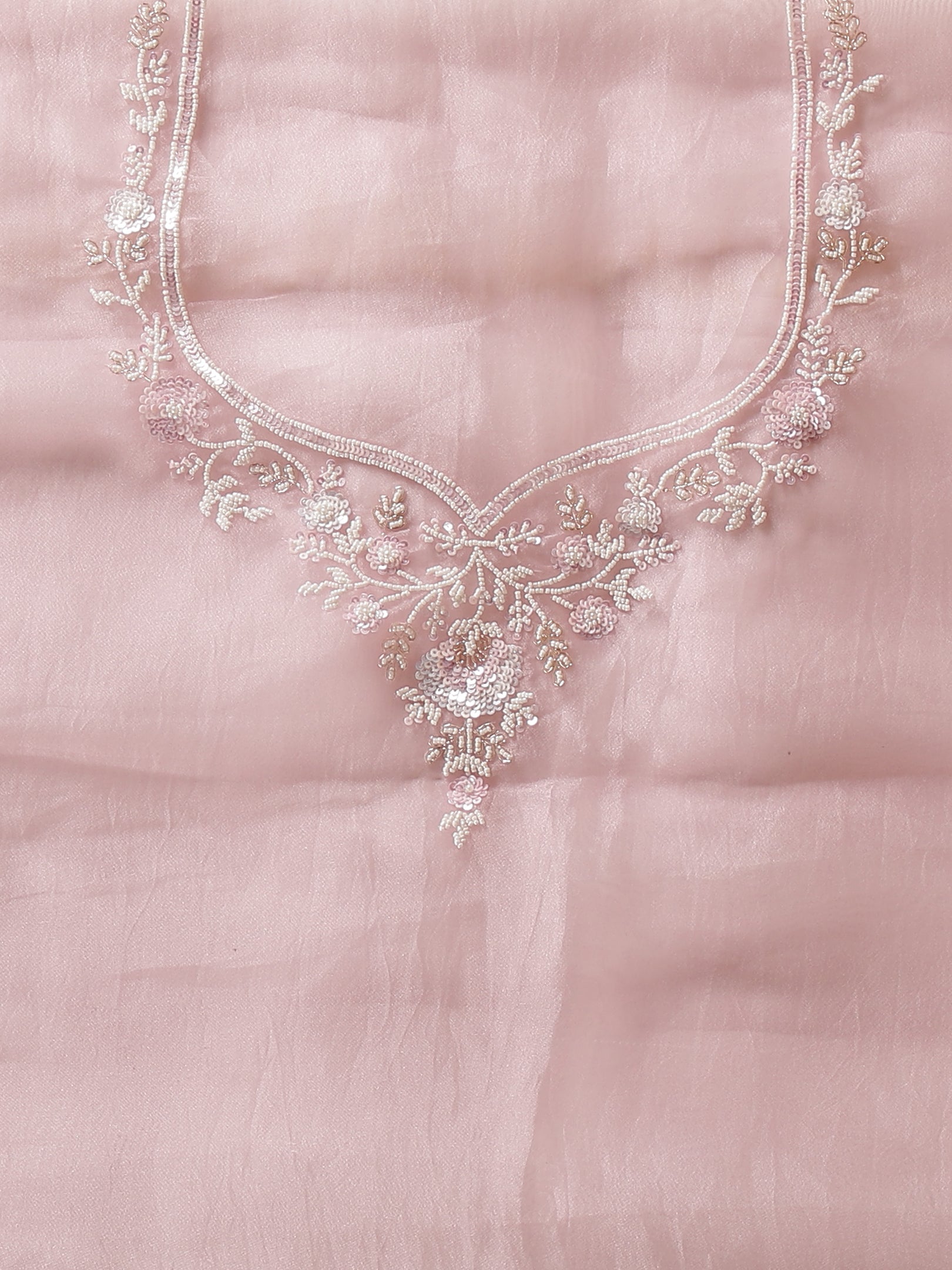 Elegant Blush Pink Embroidered Net Saree with Contrast Blouse