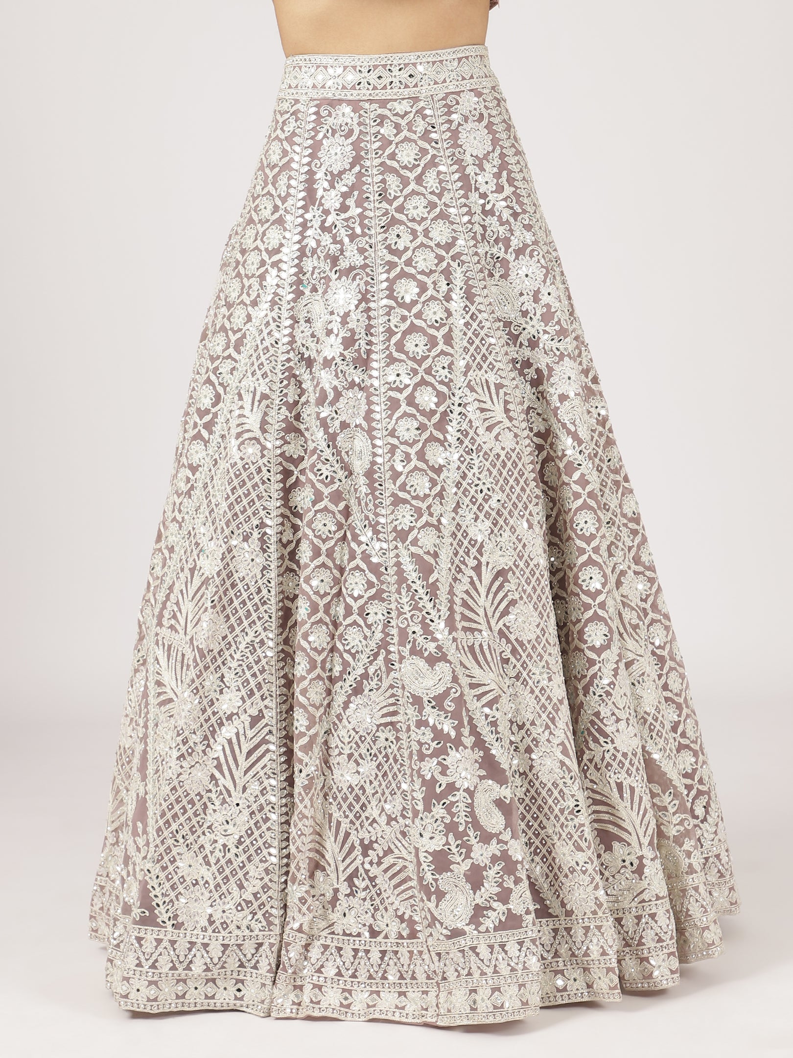 Cream Net Mirror Work Lehenga with Intricate Embroidery