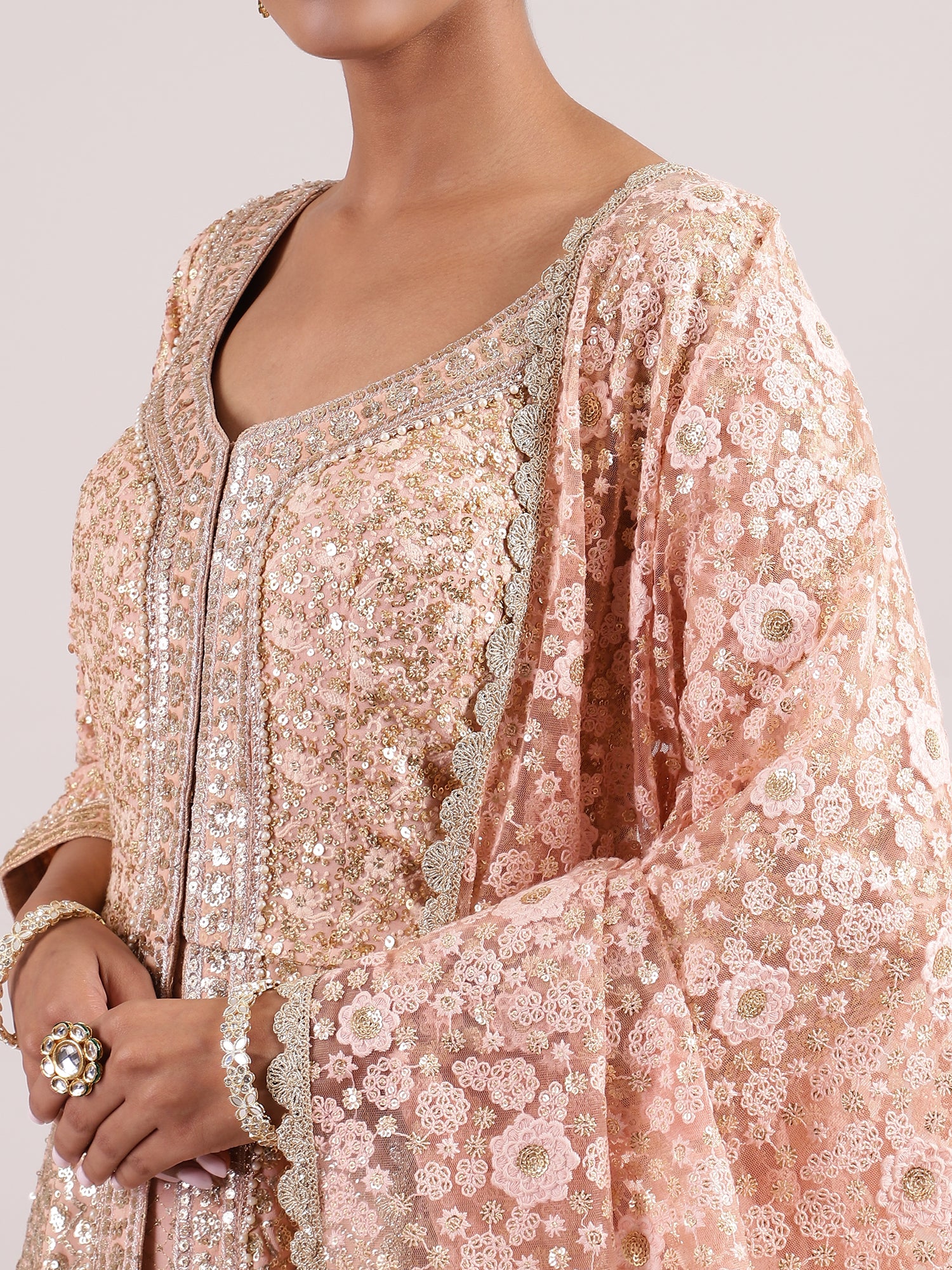 Exquisite Rose Gold Mastani Lehenga with All-Over Sequin & Embroidery Work