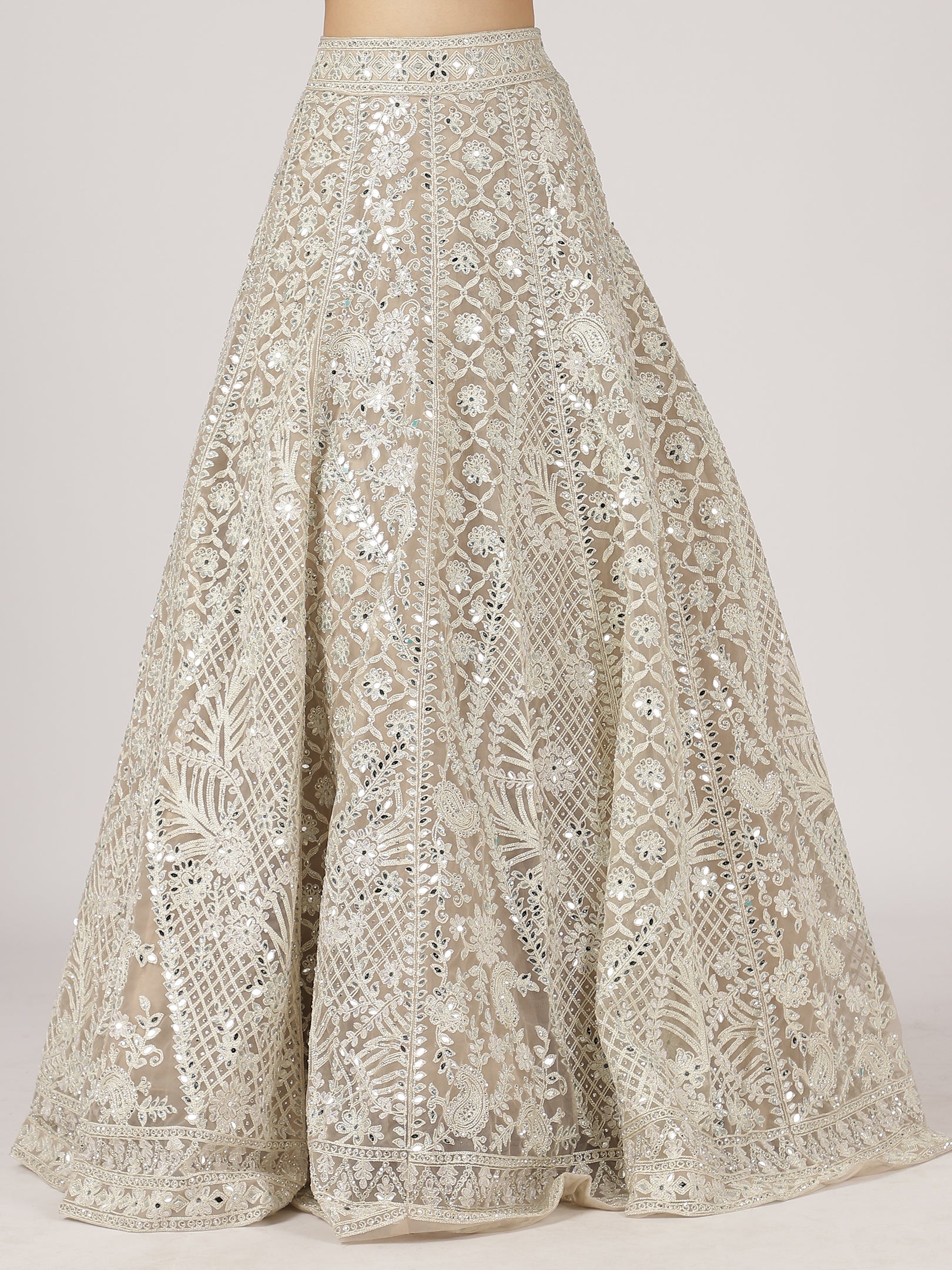 Cream Net Mirror Work Lehenga with Intricate Embroidery