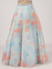 Pastel Blue & Peach Watercolor Organza Lehenga with Embroidered Blouse