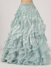 Sea Blue Organza Ruffled Lehenga with Pearl Work Blouse & Overcoat