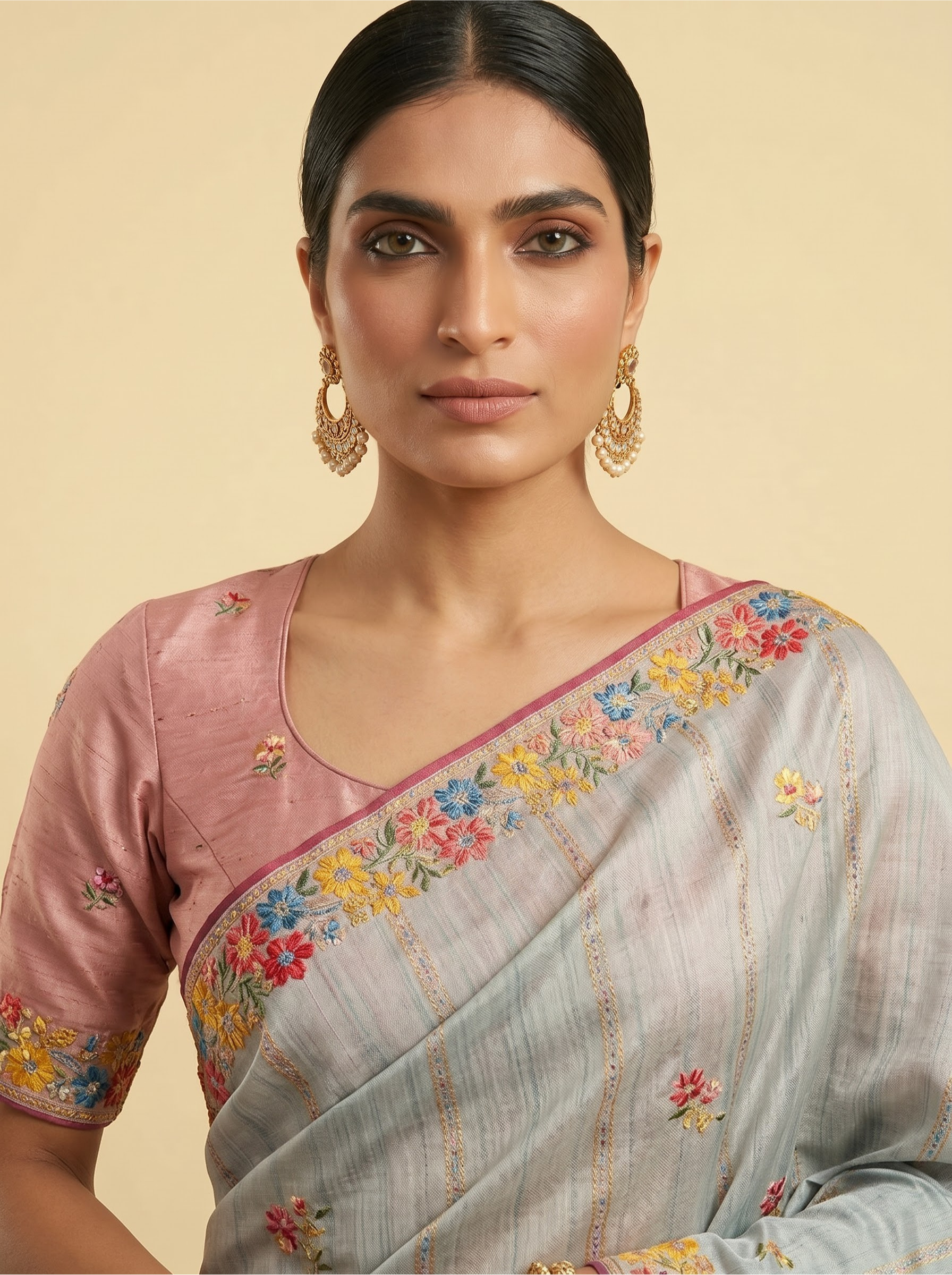 Grey Floral Embroidery Tussar Silk Saree with Contrast Pink Pallu