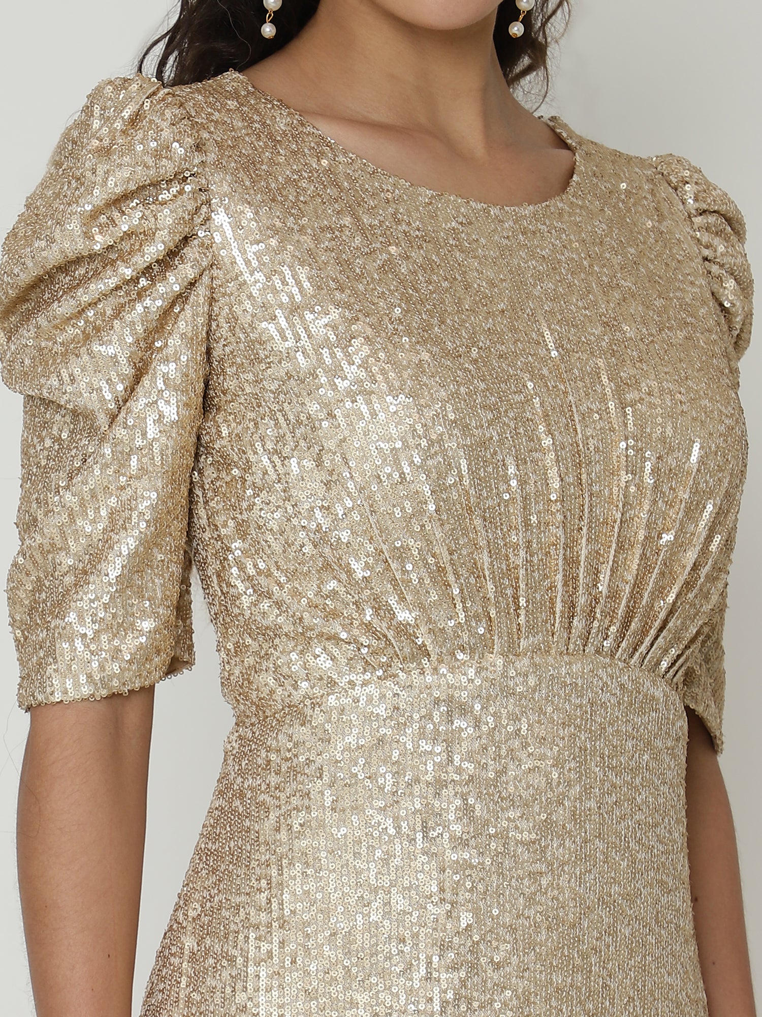 Stunning Gold Gown with Intricate Knitted Sequin Work