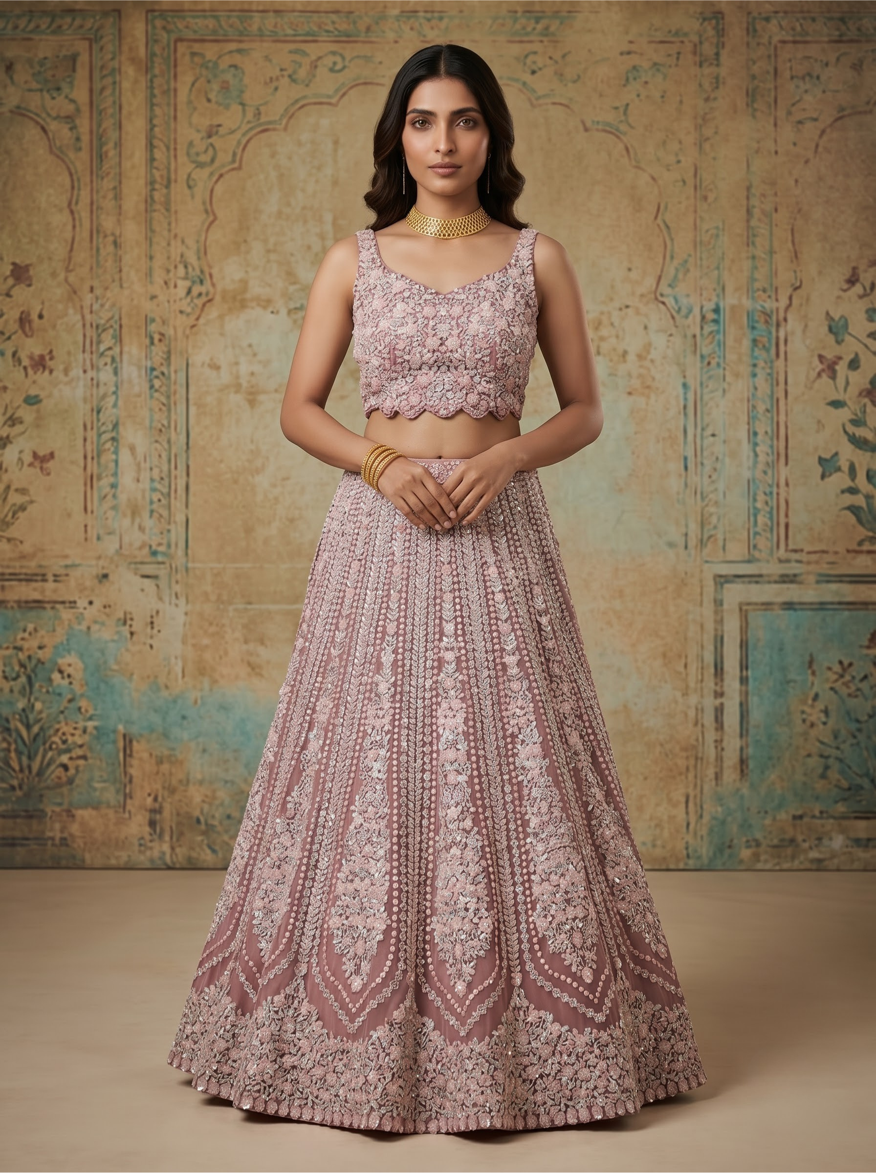Dusty Pink Net Lehenga Choli with Sequin Floral Embroidery