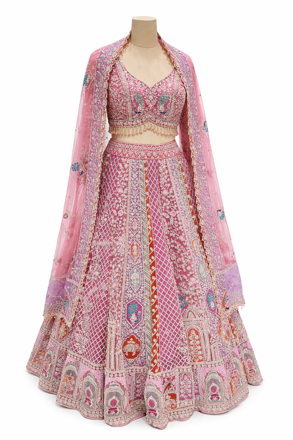 Pink Satin Bridal Lehenga with Heavy Embroidery & Net Dupatta | DIVA