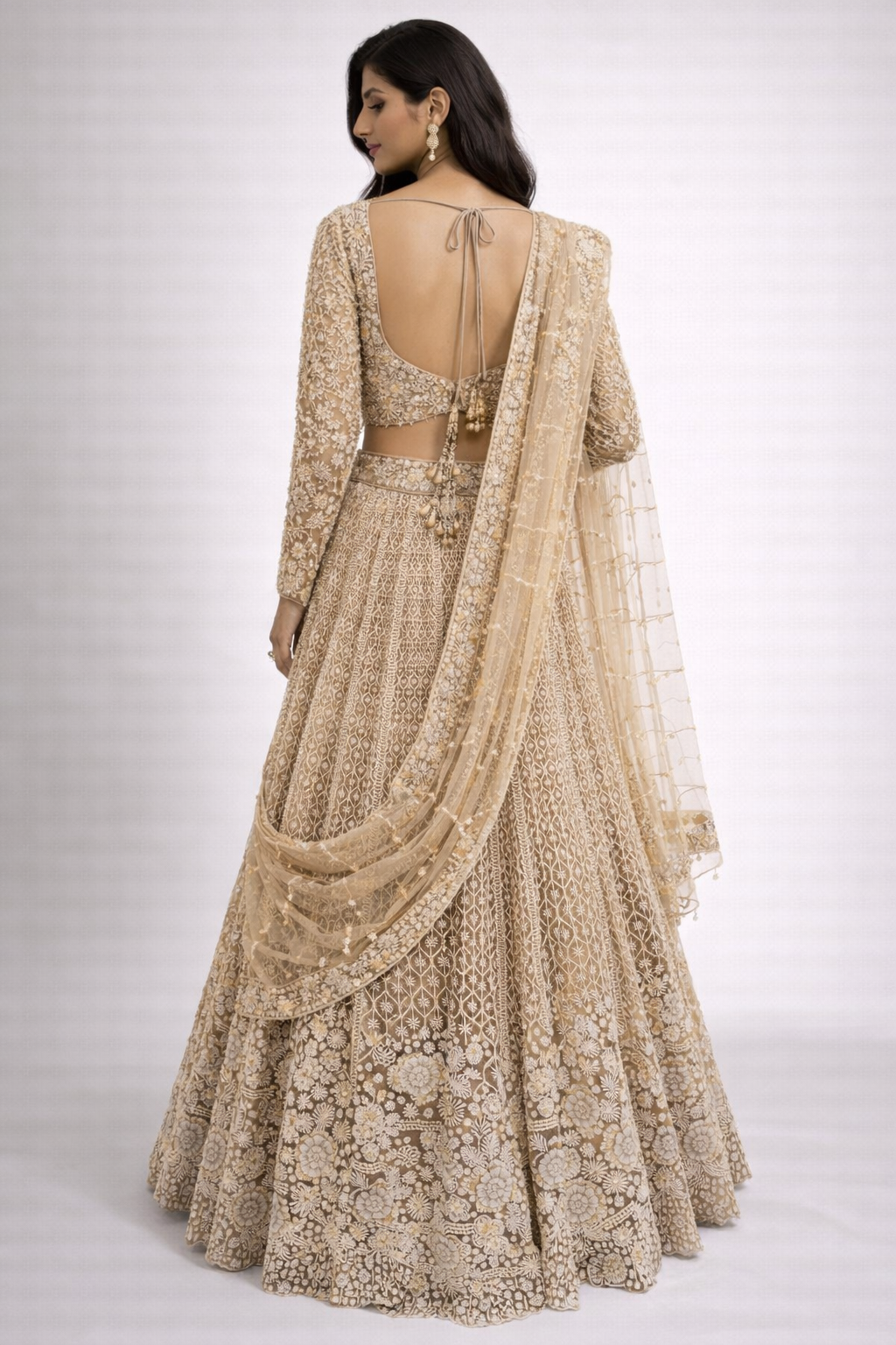Champagne Beige Embroidered Bridal Lehenga Set with Pearl & Sequin Work