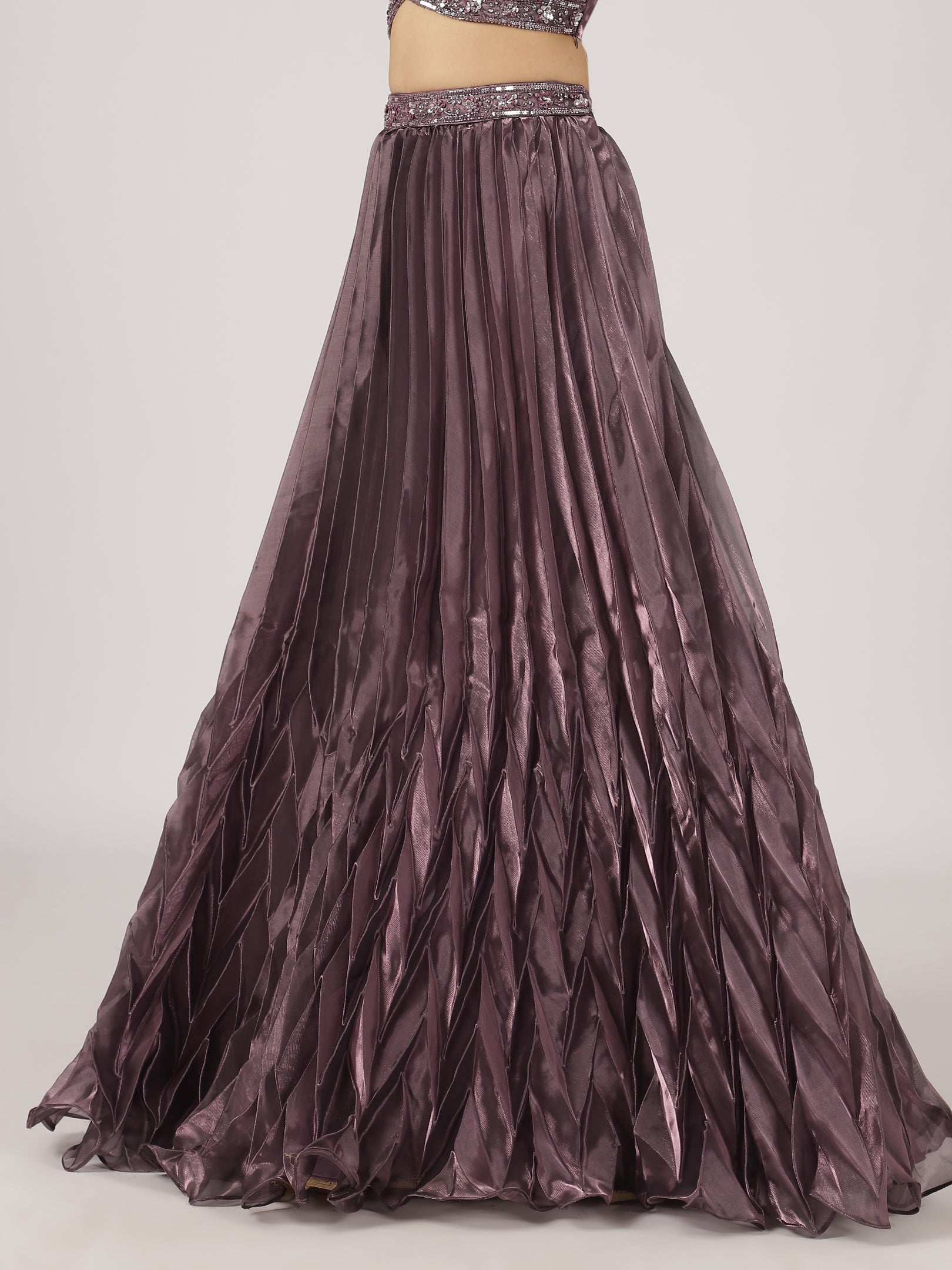 Plum Purple Organza Pleated Lehenga with Hand Embroidered Blouse