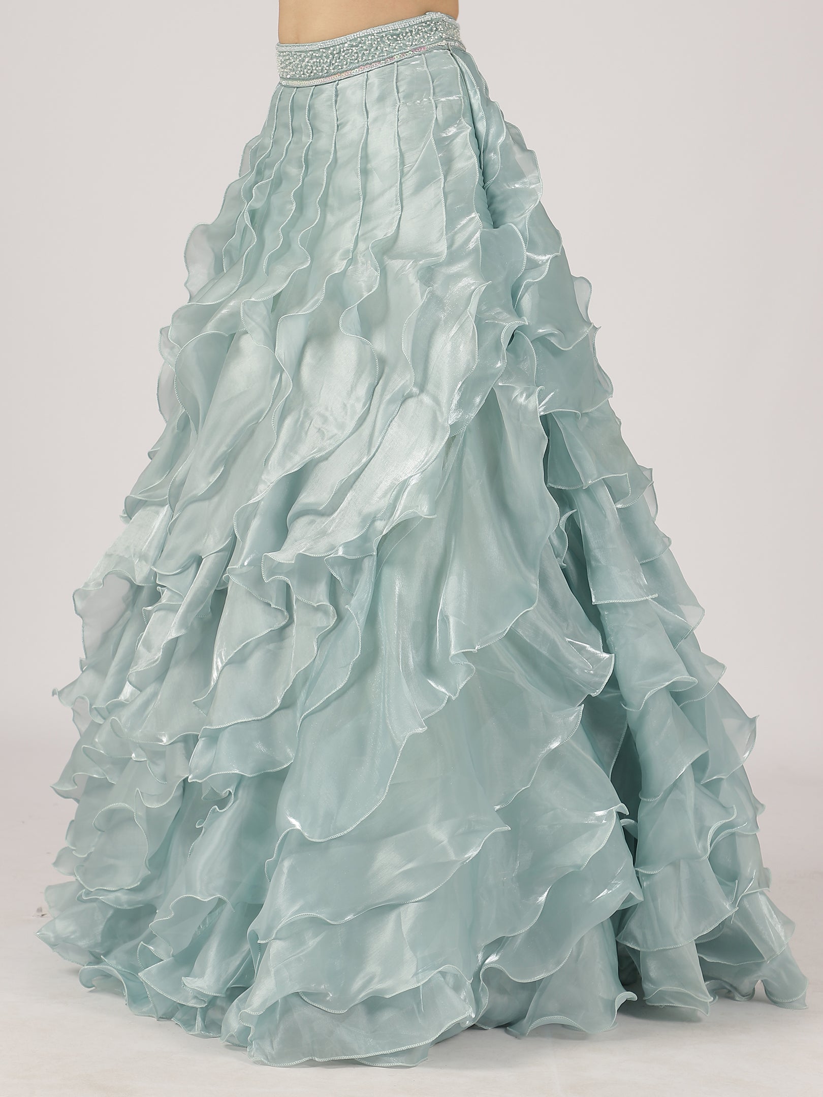 Sea Blue Organza Ruffled Lehenga with Pearl Work Blouse & Overcoat