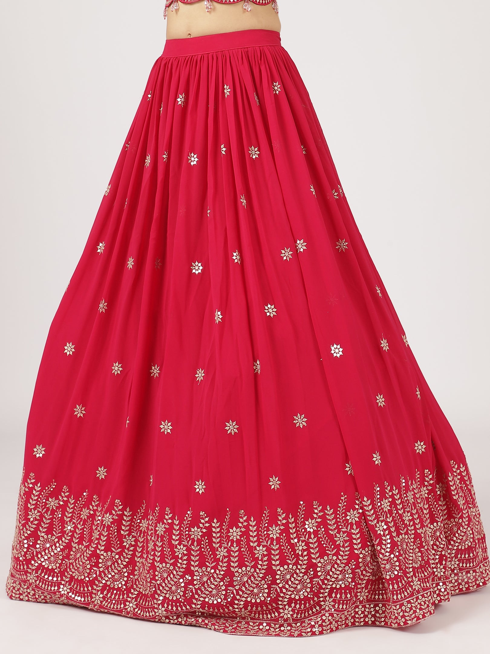 Radiant Red Embroidered Lehenga Set with Mirror Work Blouse & Sheer Dupatta