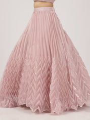 Pastel Pink Organza Pleated Lehenga with Pearl Work Blouse & Ruffled Dupatta