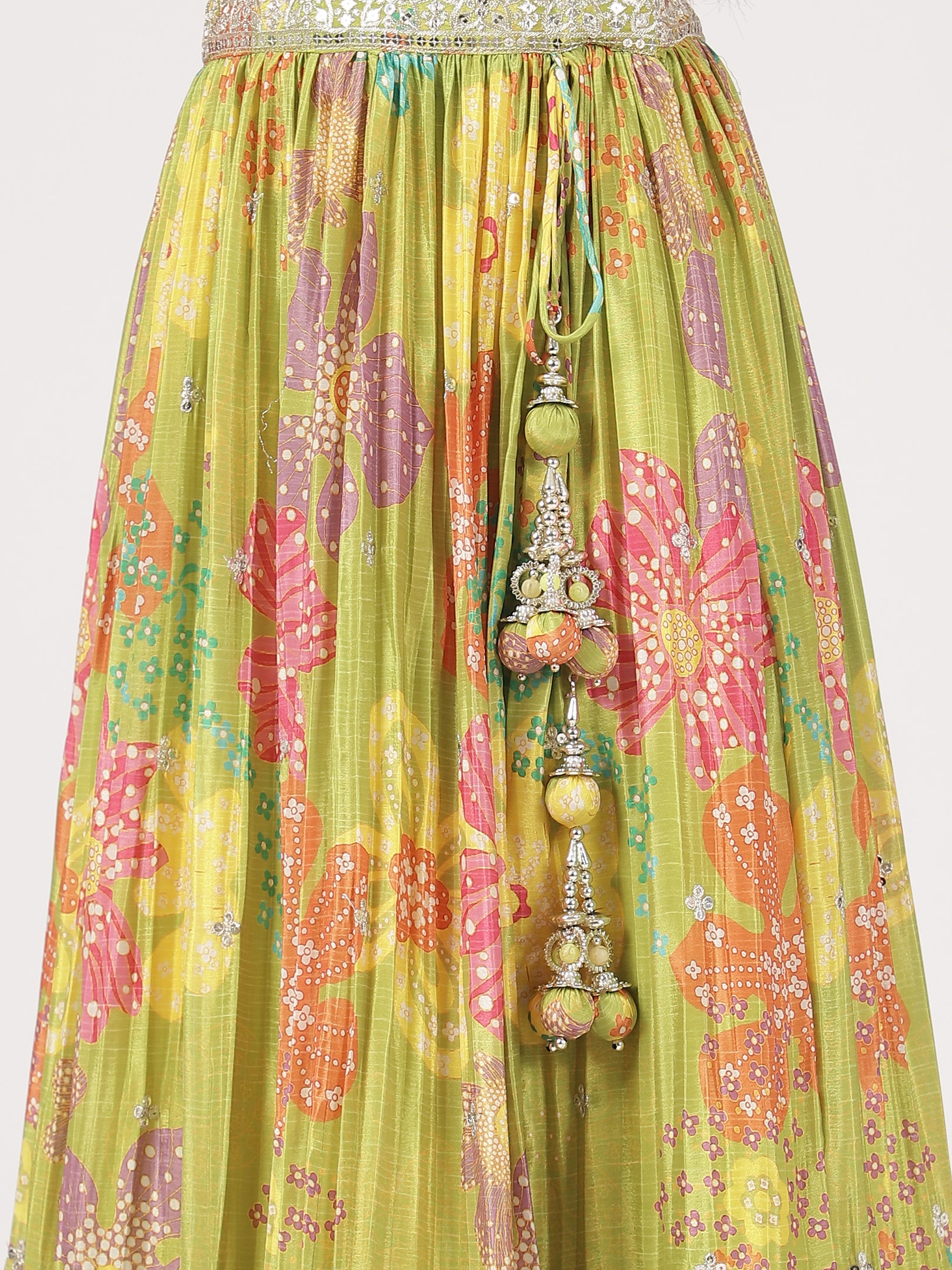 Lime Green Printed Organza Lehenga with Sequin & Mirror Work Blouse